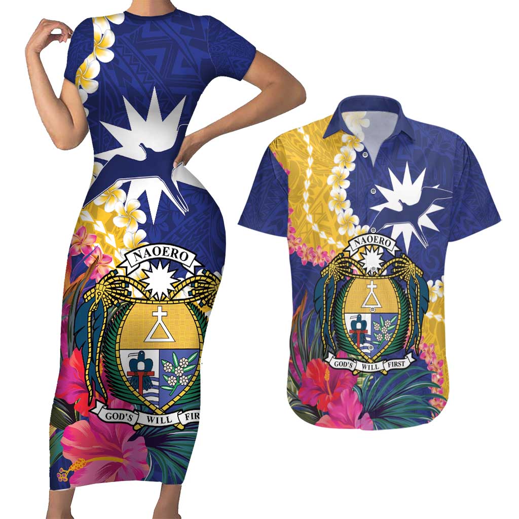 Nauru Independence Day Couples Matching Short Sleeve Bodycon Dress and Hawaiian Shirt Coat Of Arms With Tropical Flowers