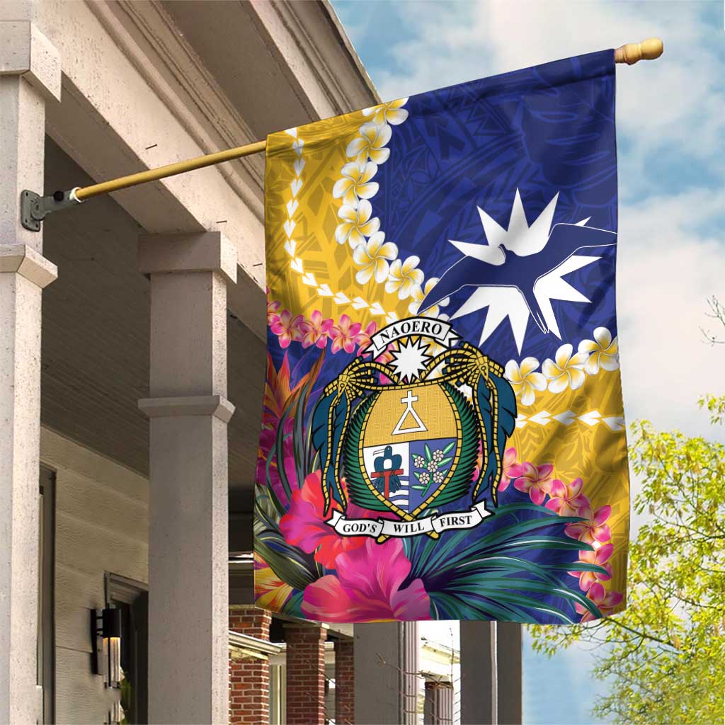 Nauru Independence Day Garden Flag Coat Of Arms With Tropical Flowers LT14 House Flag Blue - Polynesian Pride