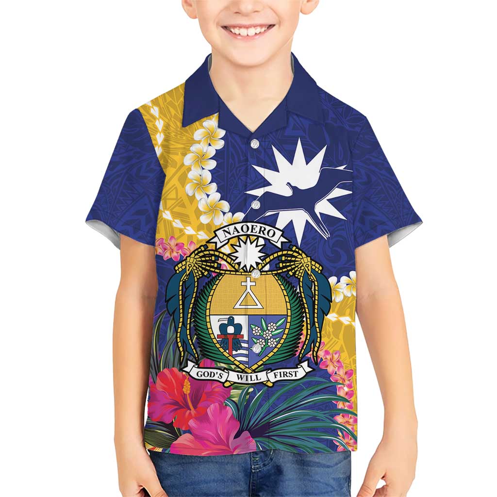 Nauru Independence Day Kid Hawaiian Shirt Coat Of Arms With Tropical Flowers LT14 Kid Blue - Polynesian Pride