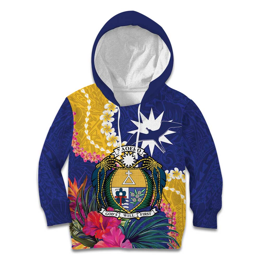 Nauru Independence Day Kid Hoodie Coat Of Arms With Tropical Flowers LT14 Hoodie Blue - Polynesian Pride
