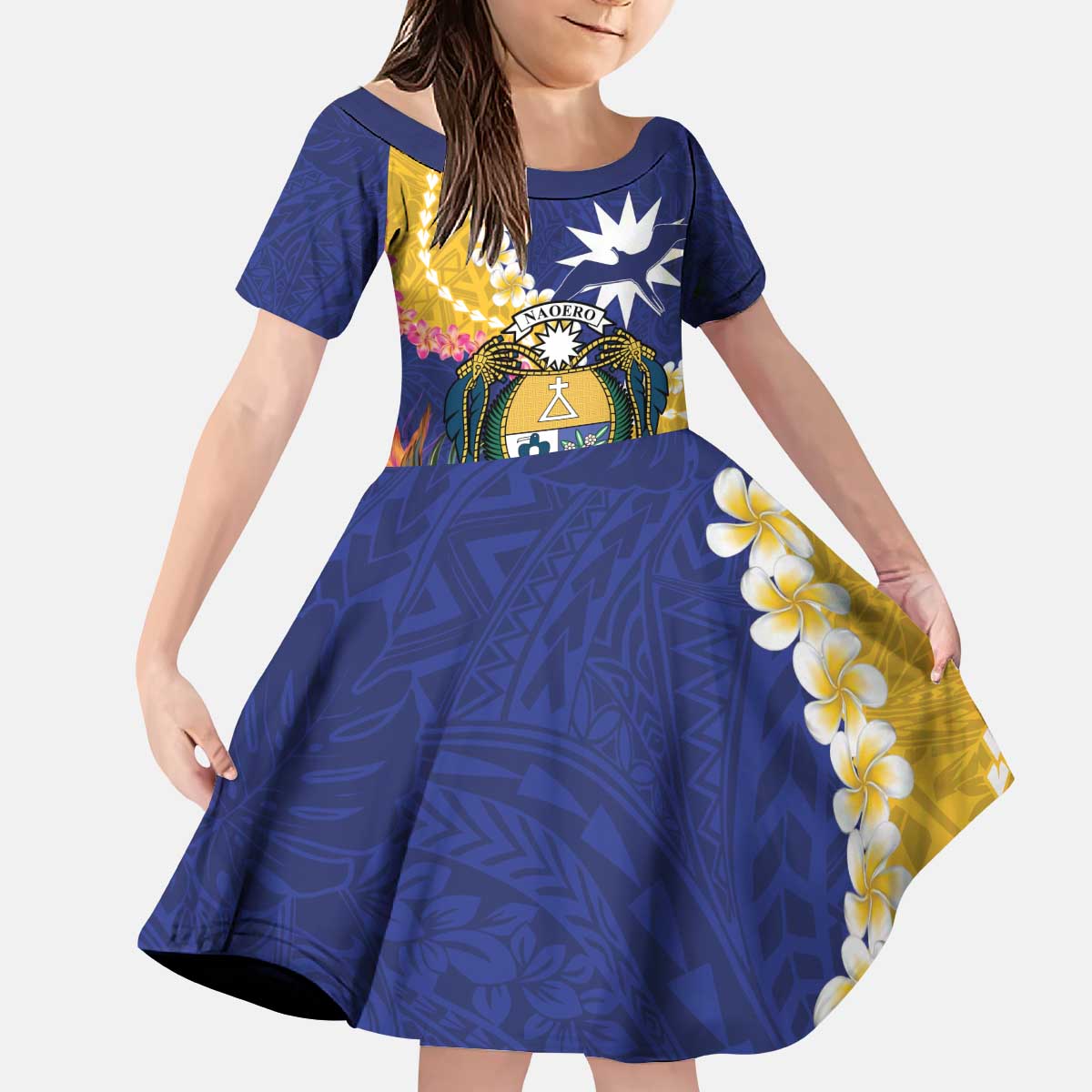 Nauru Independence Day Kid Short Sleeve Dress Coat Of Arms With Tropical Flowers LT14 KID Blue - Polynesian Pride
