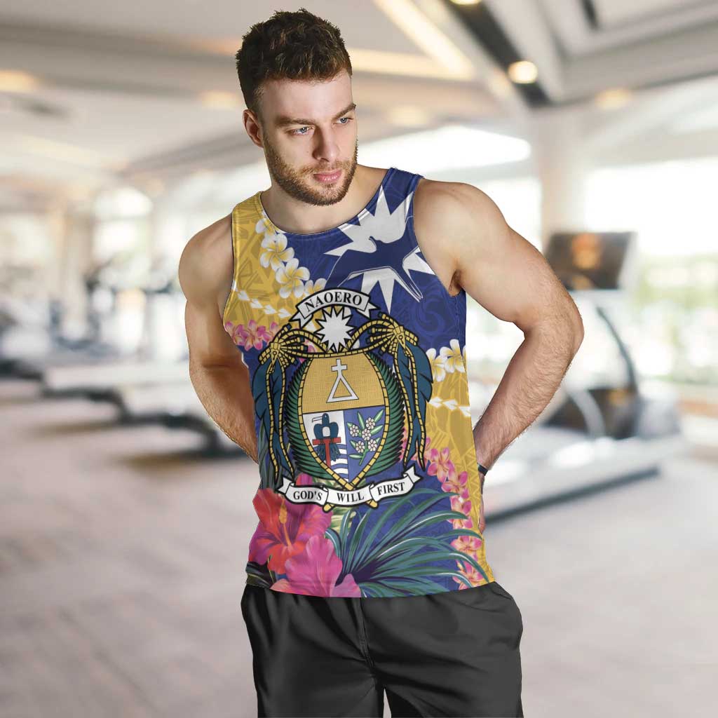 Nauru Independence Day Men Tank Top Coat Of Arms With Tropical Flowers LT14 Blue - Polynesian Pride