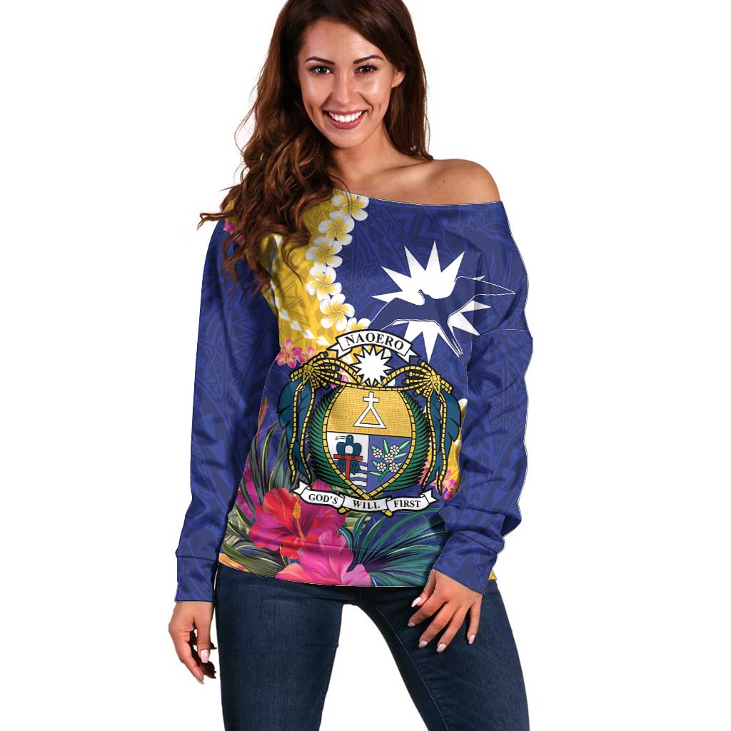Nauru Independence Day Off Shoulder Sweater Coat Of Arms With Tropical Flowers LT14 Women Blue - Polynesian Pride