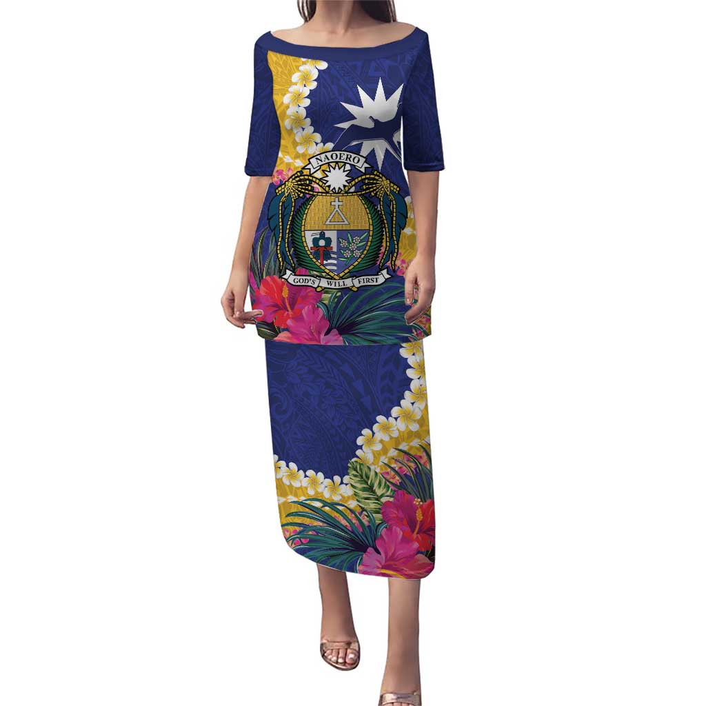 Nauru Independence Day Puletasi Coat Of Arms With Tropical Flowers LT14 Long Dress Blue - Polynesian Pride