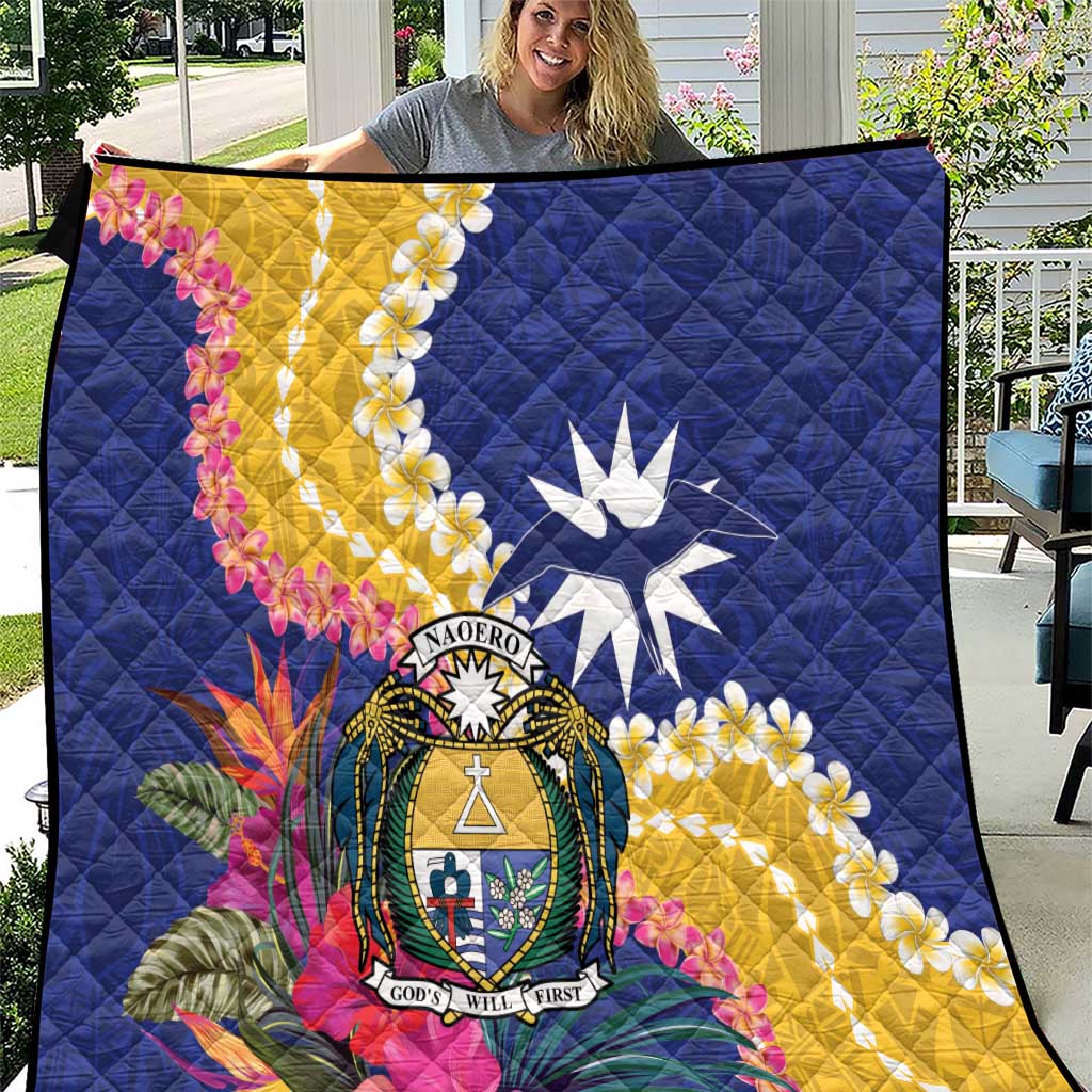 Nauru Independence Day Quilt Coat Of Arms With Tropical Flowers LT14 Blue - Polynesian Pride