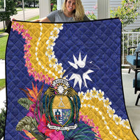 Nauru Independence Day Quilt Coat Of Arms With Tropical Flowers LT14 Blue - Polynesian Pride
