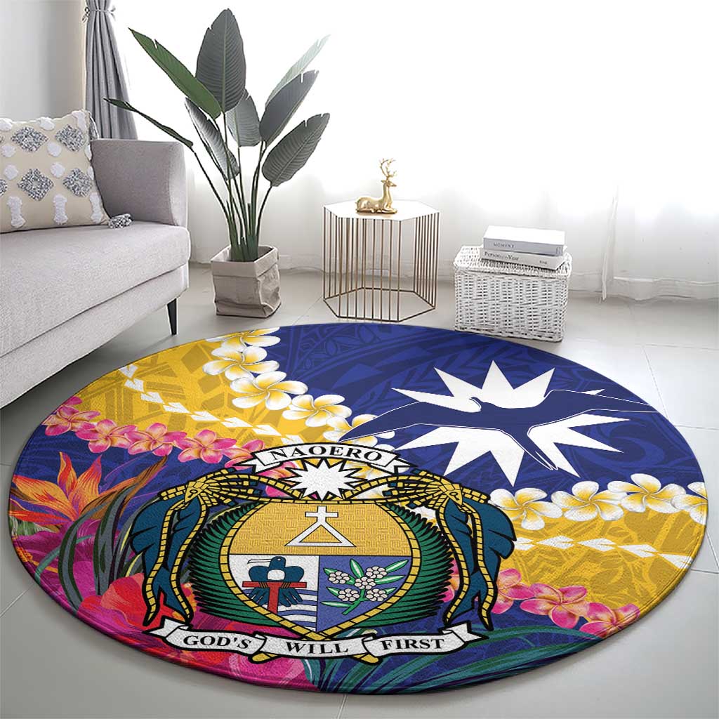 Nauru Independence Day Round Carpet Coat Of Arms With Tropical Flowers LT14 - Polynesian Pride