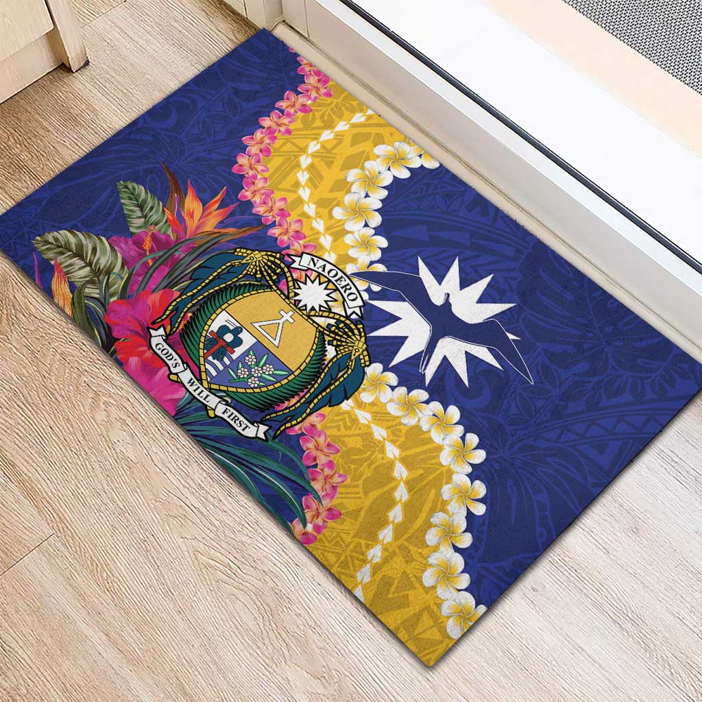 Nauru Independence Day Rubber Doormat Coat Of Arms With Tropical Flowers LT14 - Polynesian Pride