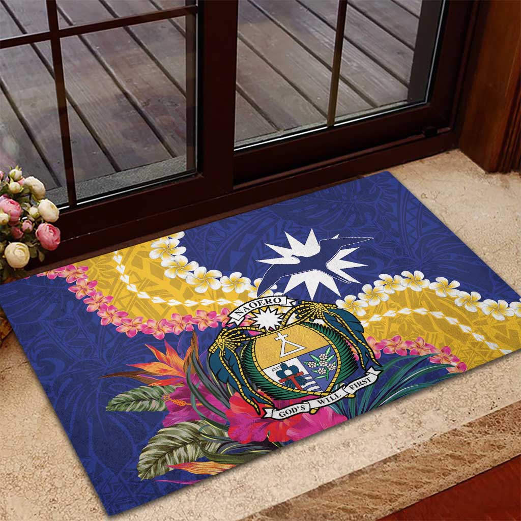 Nauru Independence Day Rubber Doormat Coat Of Arms With Tropical Flowers LT14 - Polynesian Pride