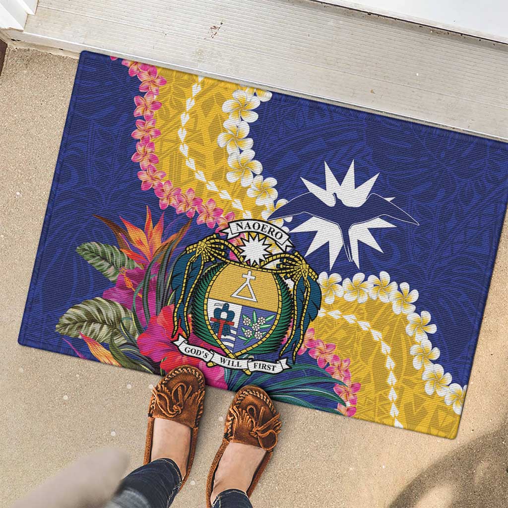 Nauru Independence Day Rubber Doormat Coat Of Arms With Tropical Flowers LT14 - Polynesian Pride