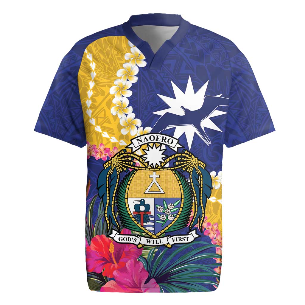 Nauru Independence Day Rugby Jersey Coat Of Arms With Tropical Flowers LT14 Blue - Polynesian Pride