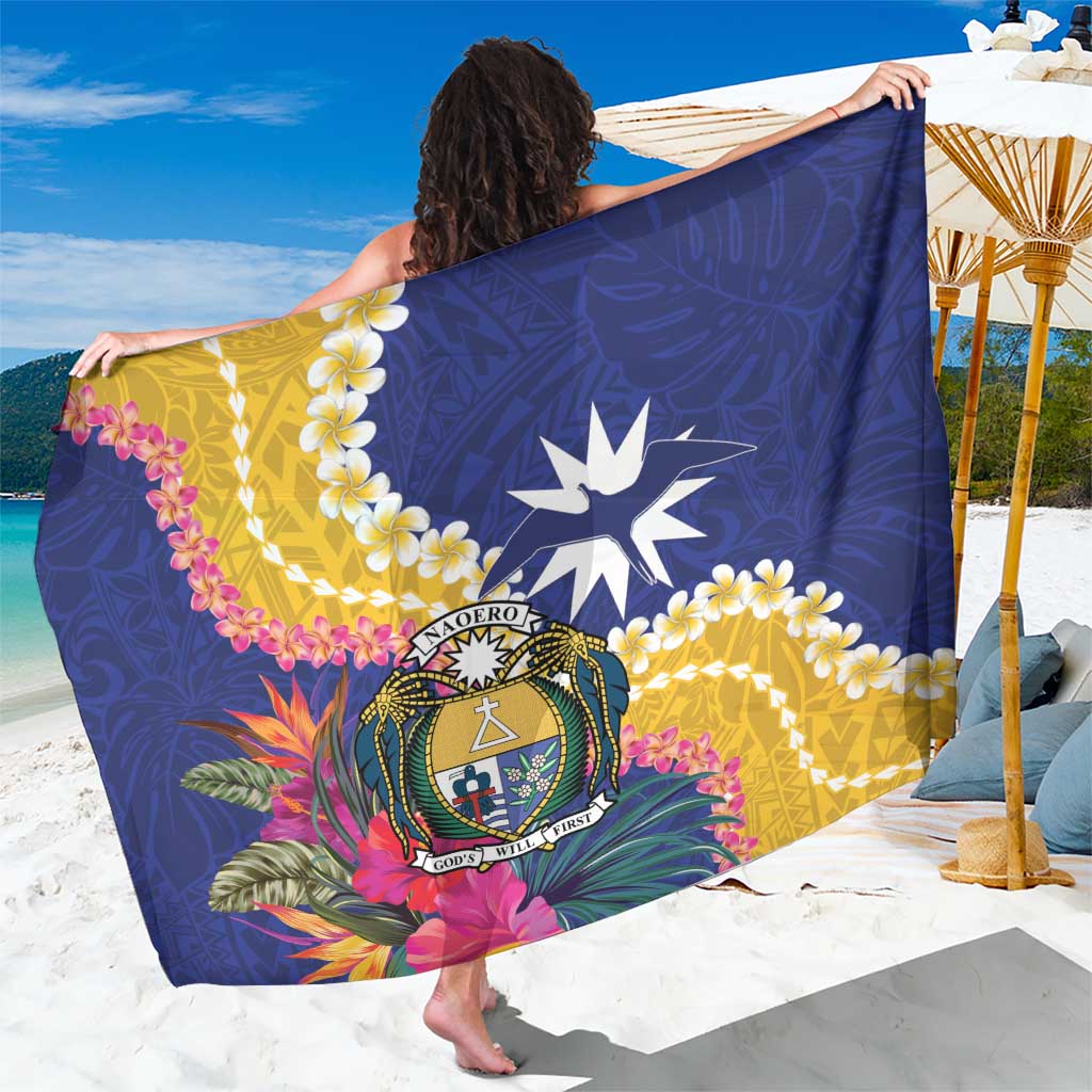 Nauru Independence Day Sarong Coat Of Arms With Tropical Flowers LT14 One Size 44 x 66 inches Blue - Polynesian Pride