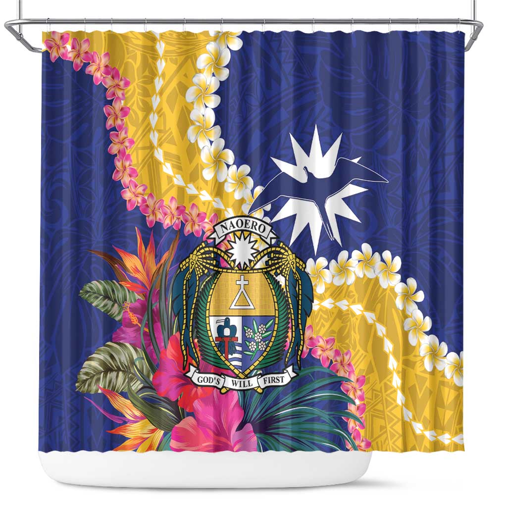 Nauru Independence Day Shower Curtain Coat Of Arms With Tropical Flowers LT14 Blue - Polynesian Pride