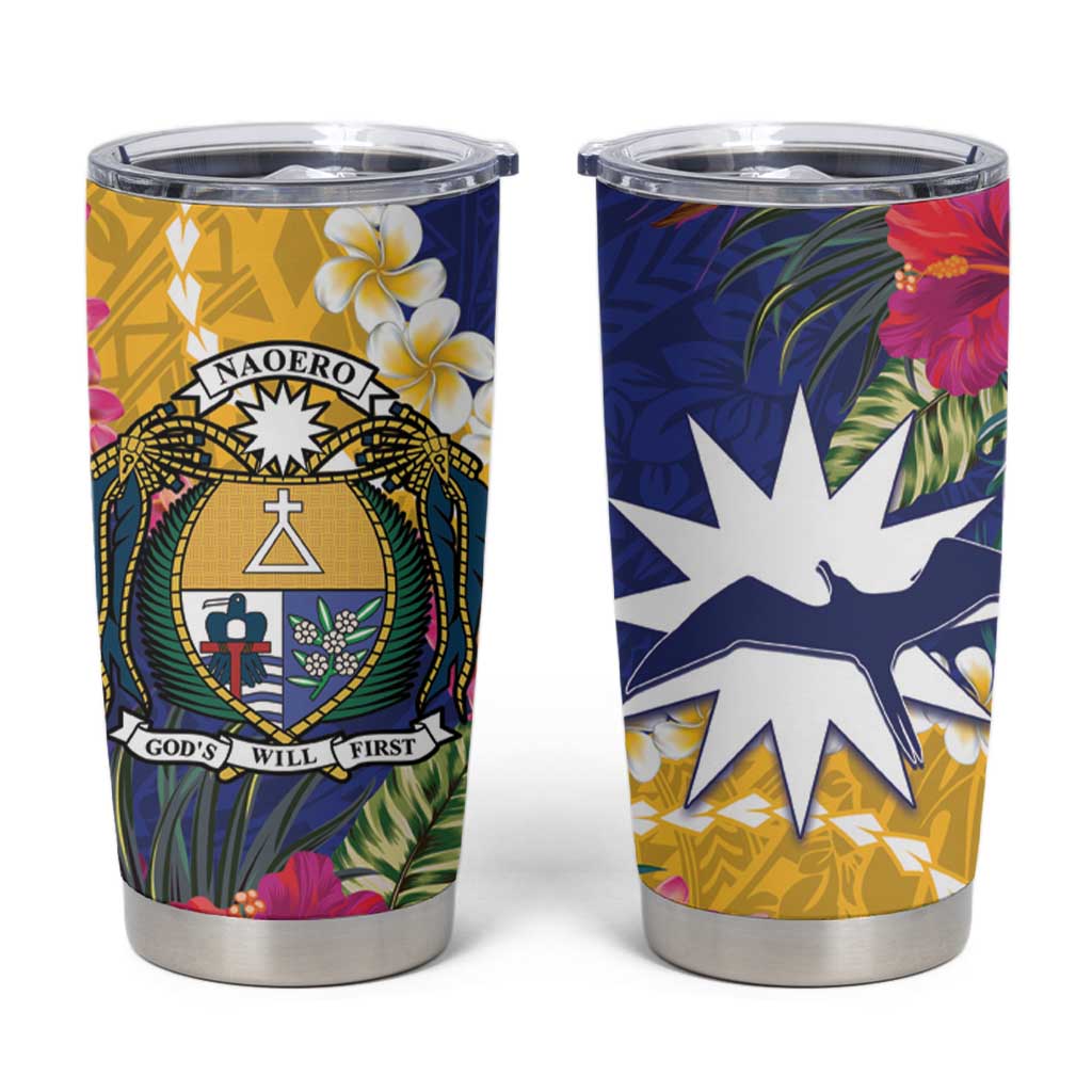 Nauru Independence Day Tumbler Cup Coat Of Arms With Tropical Flowers LT14 Blue - Polynesian Pride