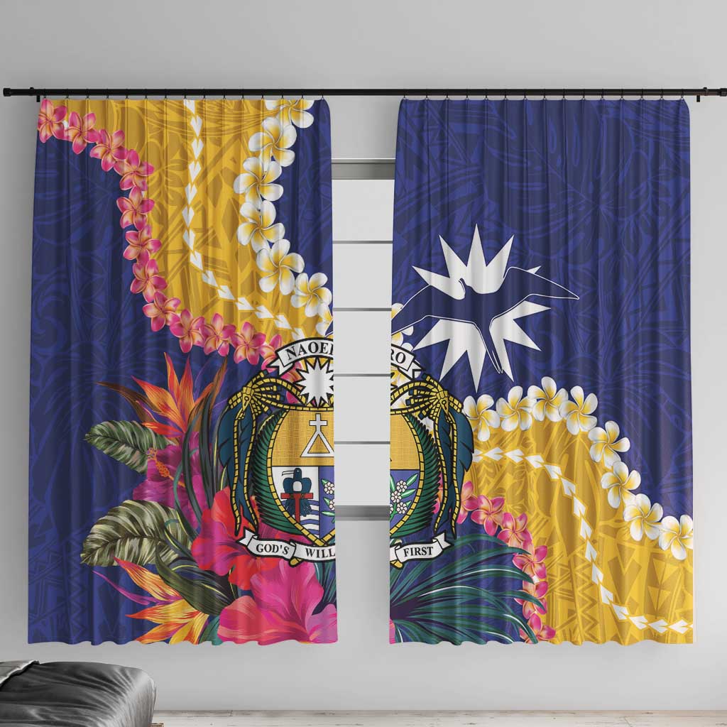 Nauru Independence Day Window Curtain Coat Of Arms With Tropical Flowers LT14 With Hooks Blue - Polynesian Pride
