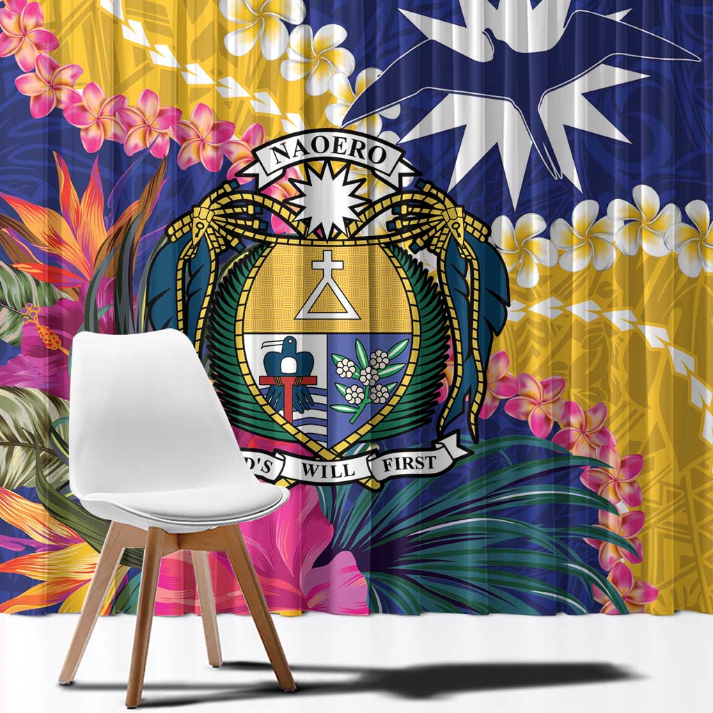 Nauru Independence Day Window Curtain Coat Of Arms With Tropical Flowers LT14 - Polynesian Pride