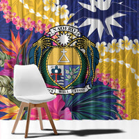 Nauru Independence Day Window Curtain Coat Of Arms With Tropical Flowers LT14 - Polynesian Pride