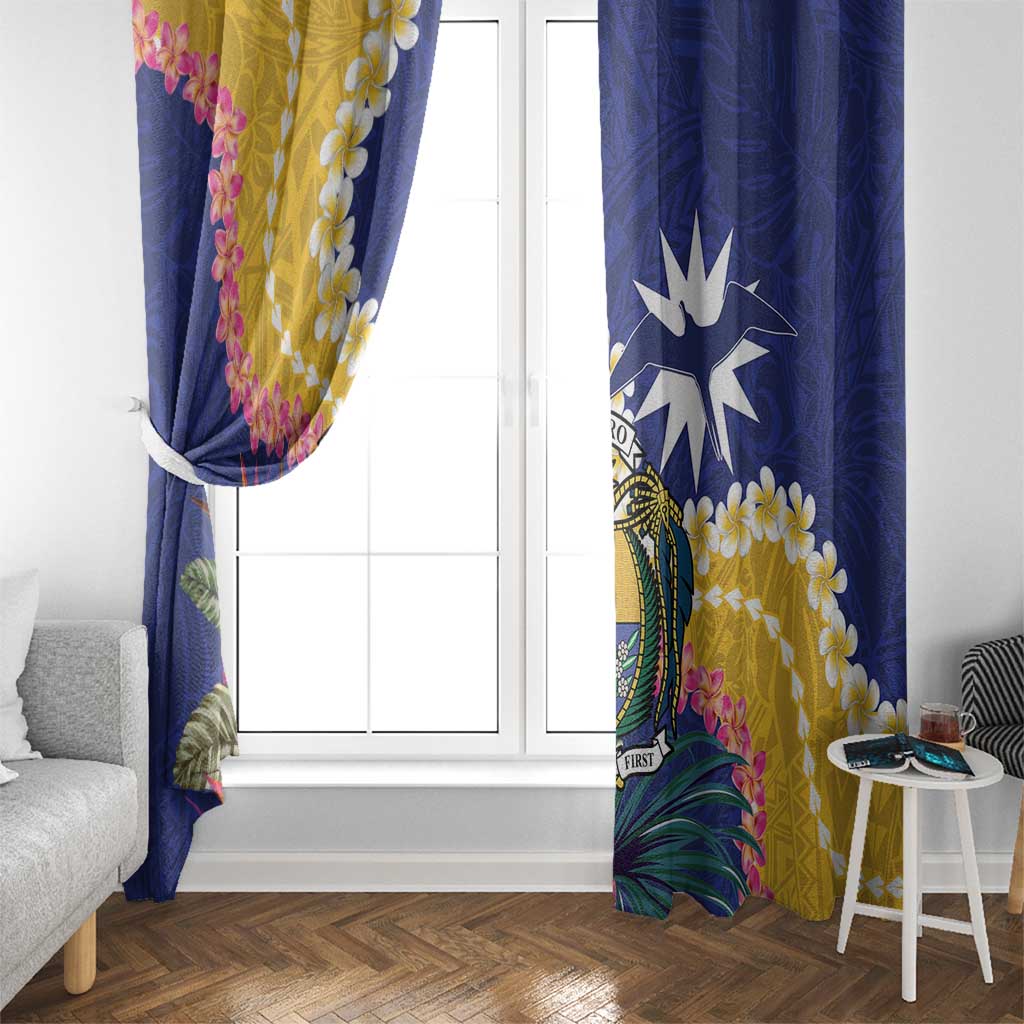 Nauru Independence Day Window Curtain Coat Of Arms With Tropical Flowers LT14 - Polynesian Pride