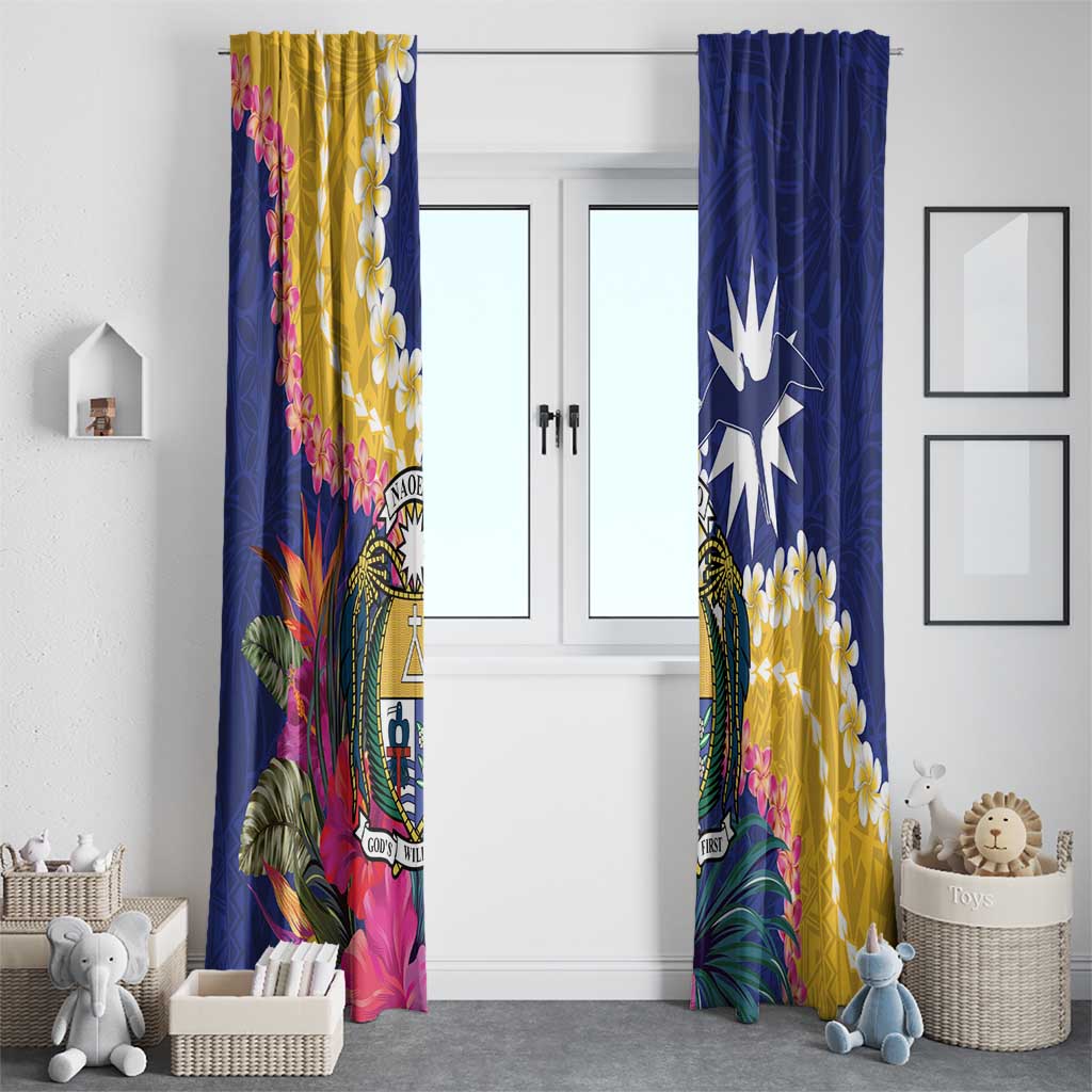 Nauru Independence Day Window Curtain Coat Of Arms With Tropical Flowers LT14 - Polynesian Pride