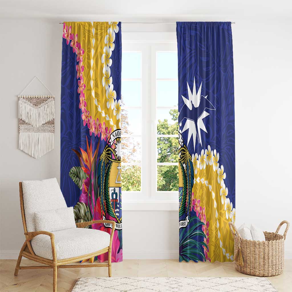 Nauru Independence Day Window Curtain Coat Of Arms With Tropical Flowers LT14 - Polynesian Pride