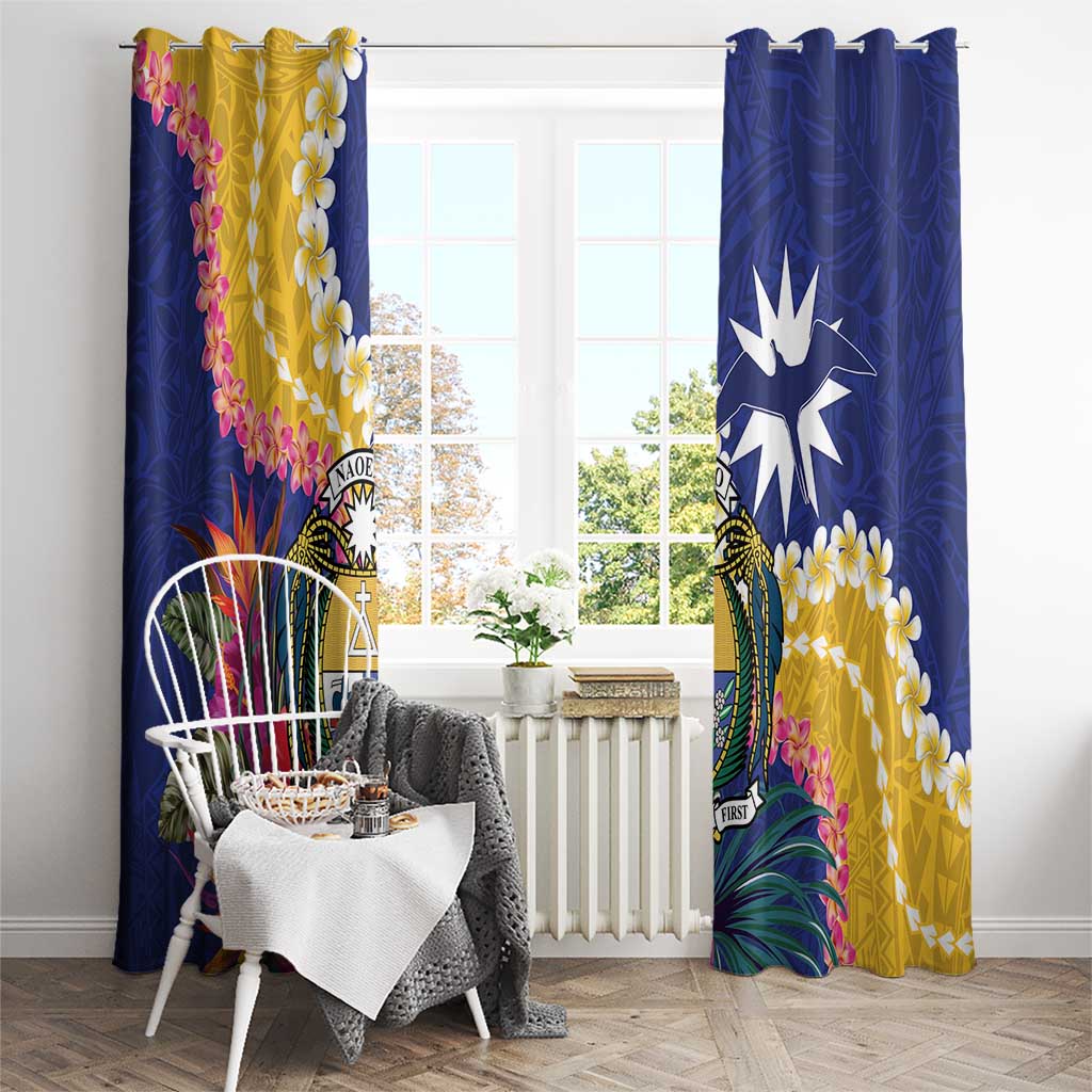 Nauru Independence Day Window Curtain Coat Of Arms With Tropical Flowers LT14 - Polynesian Pride