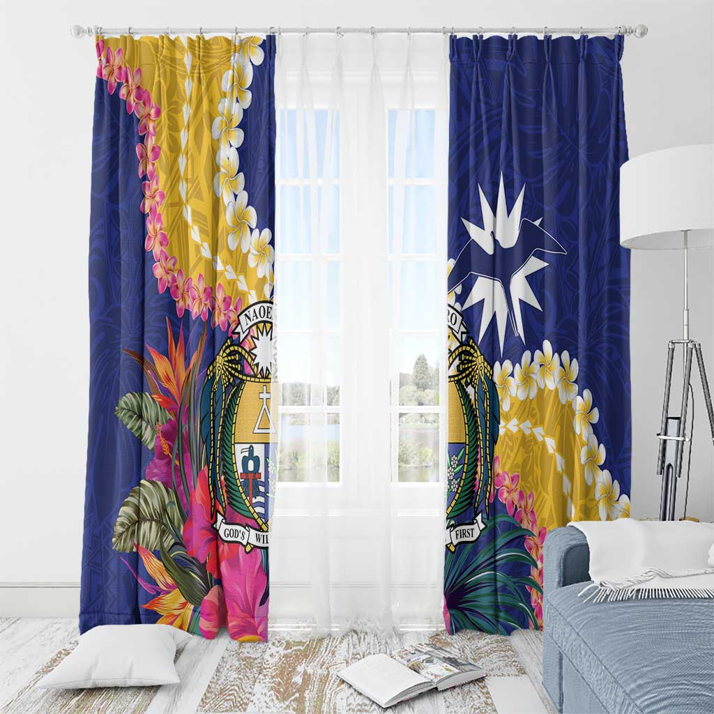 Nauru Independence Day Window Curtain Coat Of Arms With Tropical Flowers LT14 - Polynesian Pride