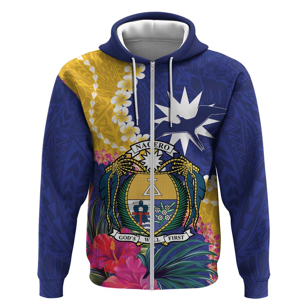 Nauru Independence Day Zip Hoodie Coat Of Arms With Tropical Flowers LT14 Zip Hoodie Blue - Polynesian Pride