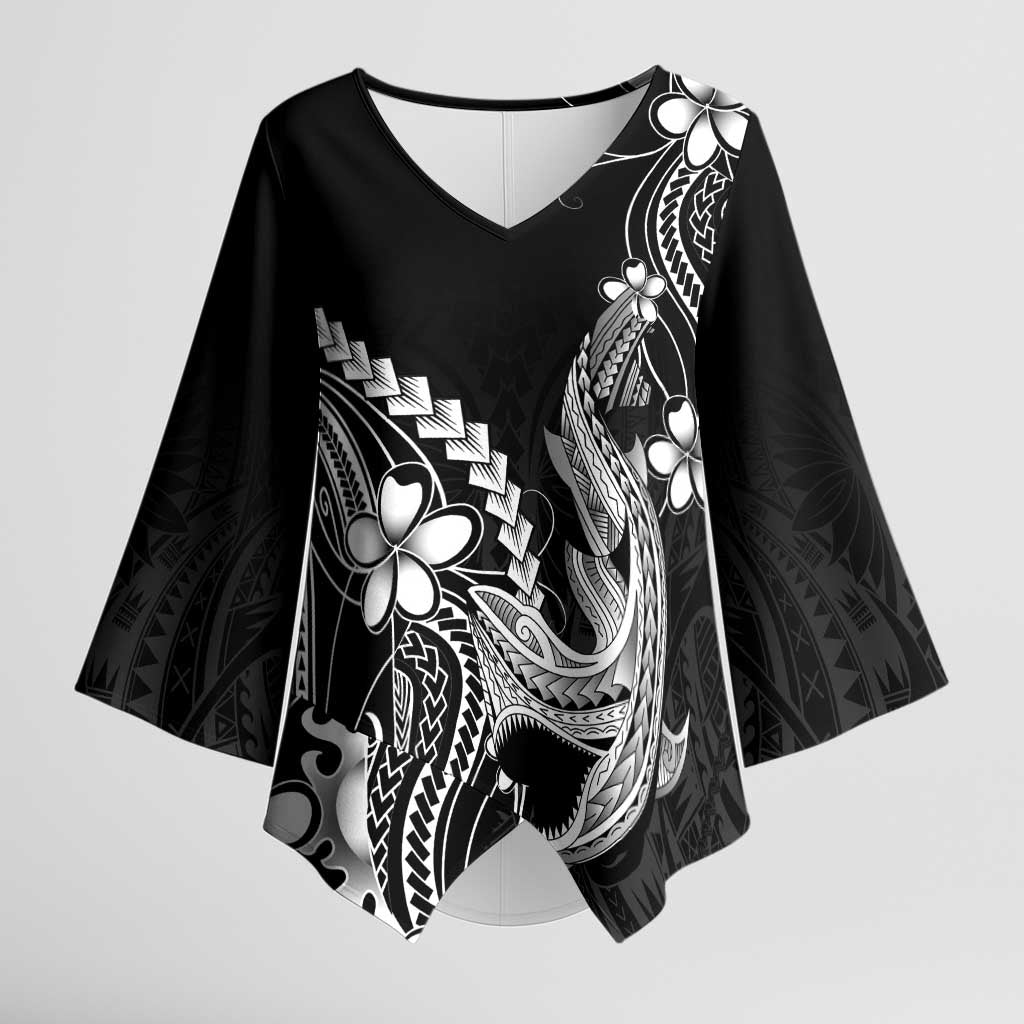 Black Aloha Hawaii Kimono Sleeve Blouse - Polynesian Shark Tattoo With Plumeria LT14 Female Black - Polynesian Pride