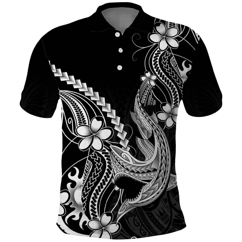 Black Aloha Hawaii Polo Shirt - Polynesian Shark Tattoo With Plumeria LT14 Black - Polynesian Pride