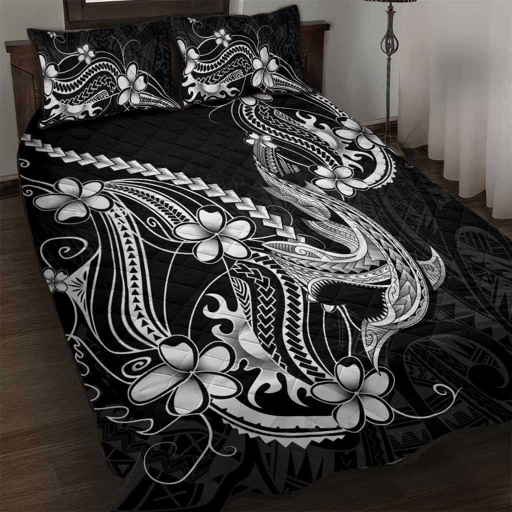Black Aloha Hawaii Quilt Bed Set Polynesian Shark Tattoo With Plumeria LT14 Black - Polynesian Pride