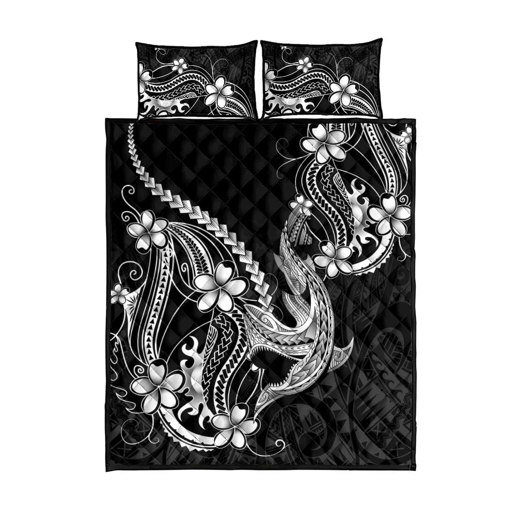 Black Aloha Hawaii Quilt Bed Set Polynesian Shark Tattoo With Plumeria LT14 - Polynesian Pride