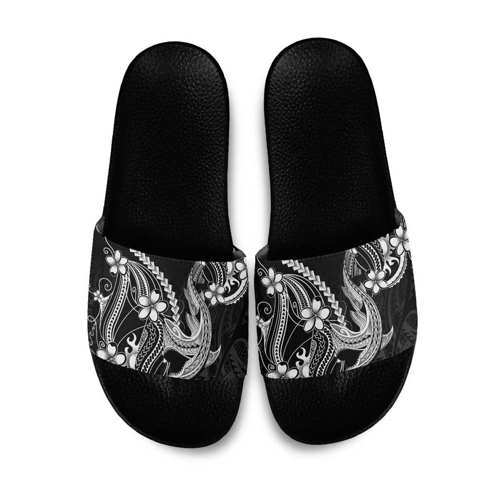 Black Aloha Hawaii Slide Sandals Polynesian Shark Tattoo With Plumeria LT14 Black - Polynesian Pride