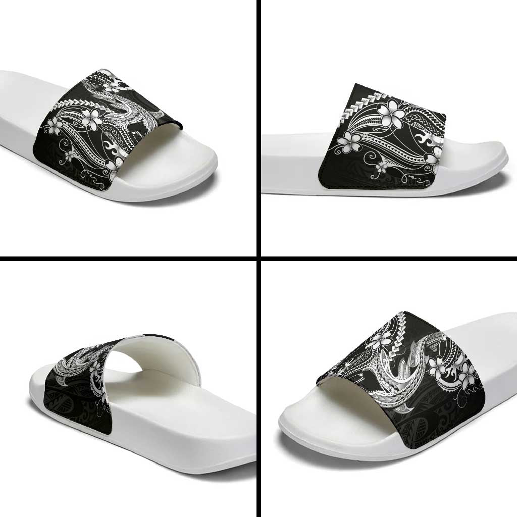 Black Aloha Hawaii Slide Sandals Polynesian Shark Tattoo With Plumeria LT14 - Polynesian Pride