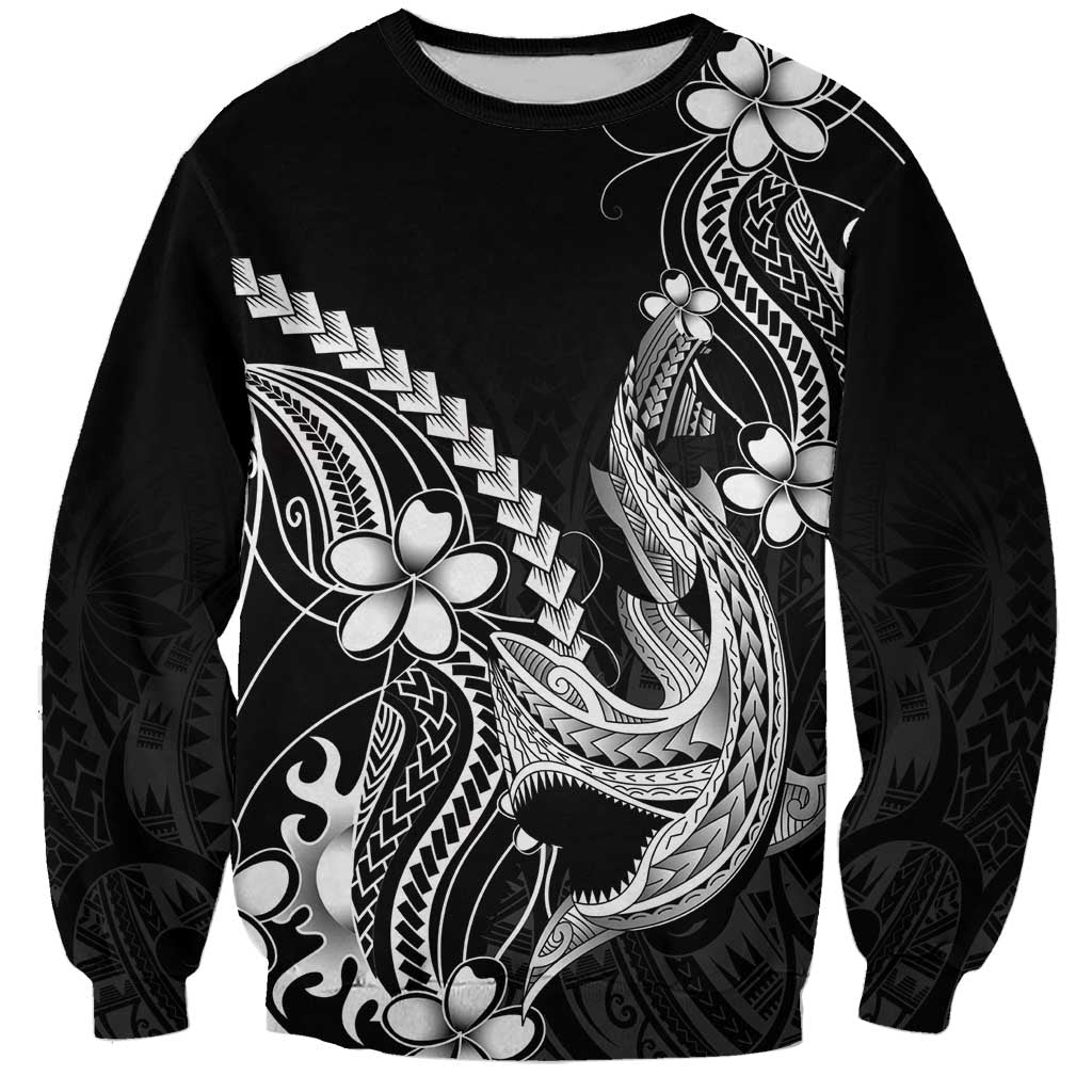 Black Aloha Hawaii Sweatshirt Polynesian Shark Tattoo With Plumeria LT14 Unisex Black - Polynesian Pride