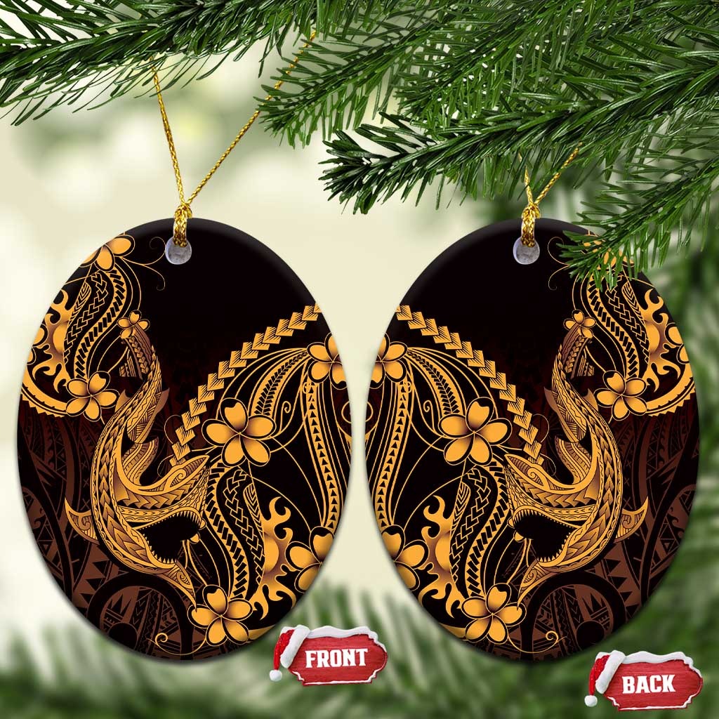 Gold Black Aloha Hawaii Ceramic Ornament Polynesian Shark Tattoo With Plumeria LT14 Oval Gold - Polynesian Pride