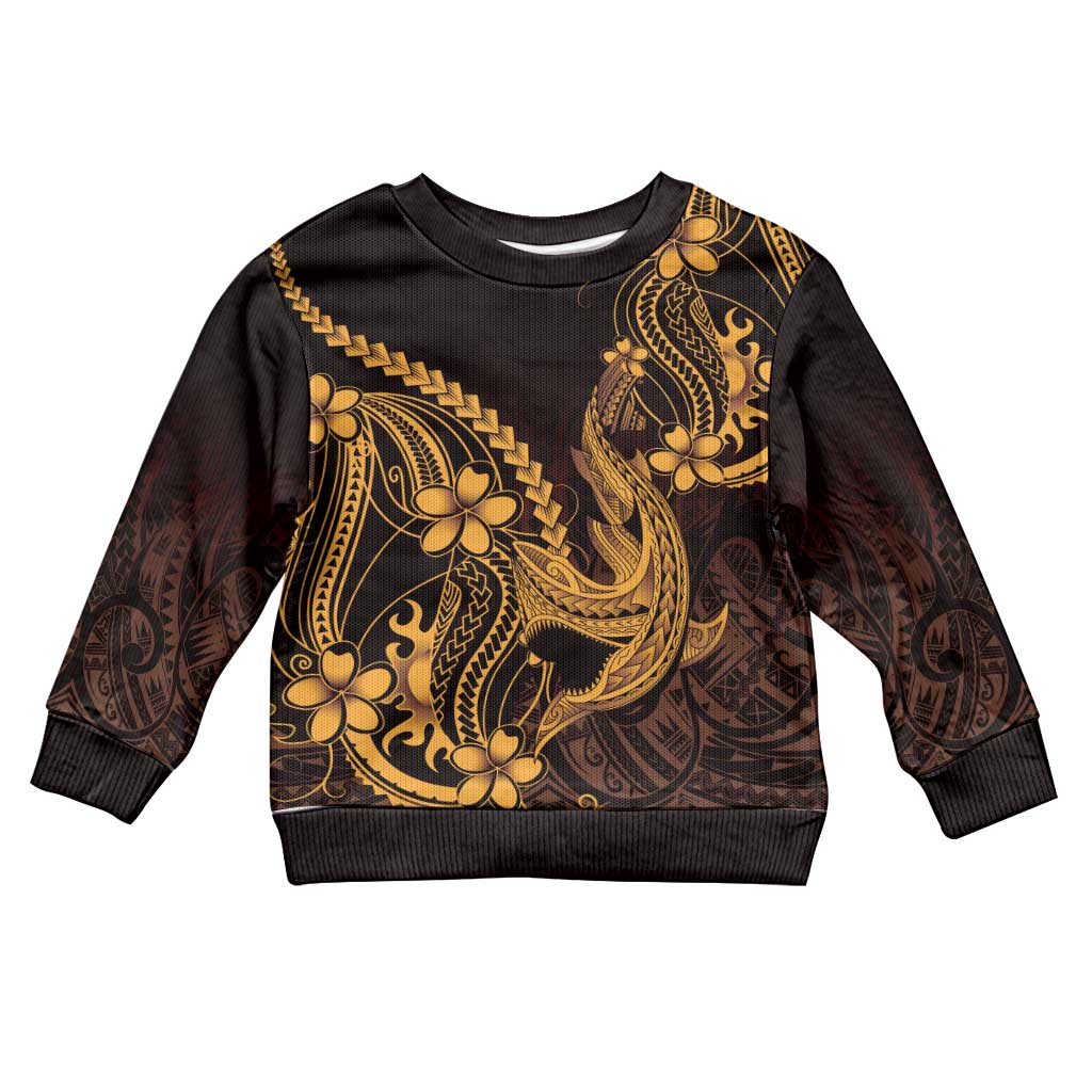 Gold Black Aloha Hawaii Kid Ugly Christmas Sweater Polynesian Shark Tattoo With Plumeria LT14 Kid Gold - Polynesian Pride