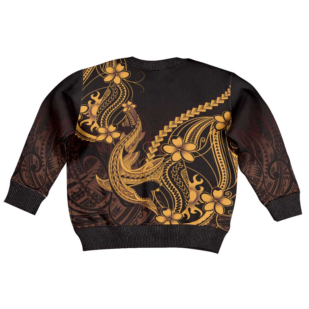 Gold Black Aloha Hawaii Kid Ugly Christmas Sweater Polynesian Shark Tattoo With Plumeria LT14 - Polynesian Pride