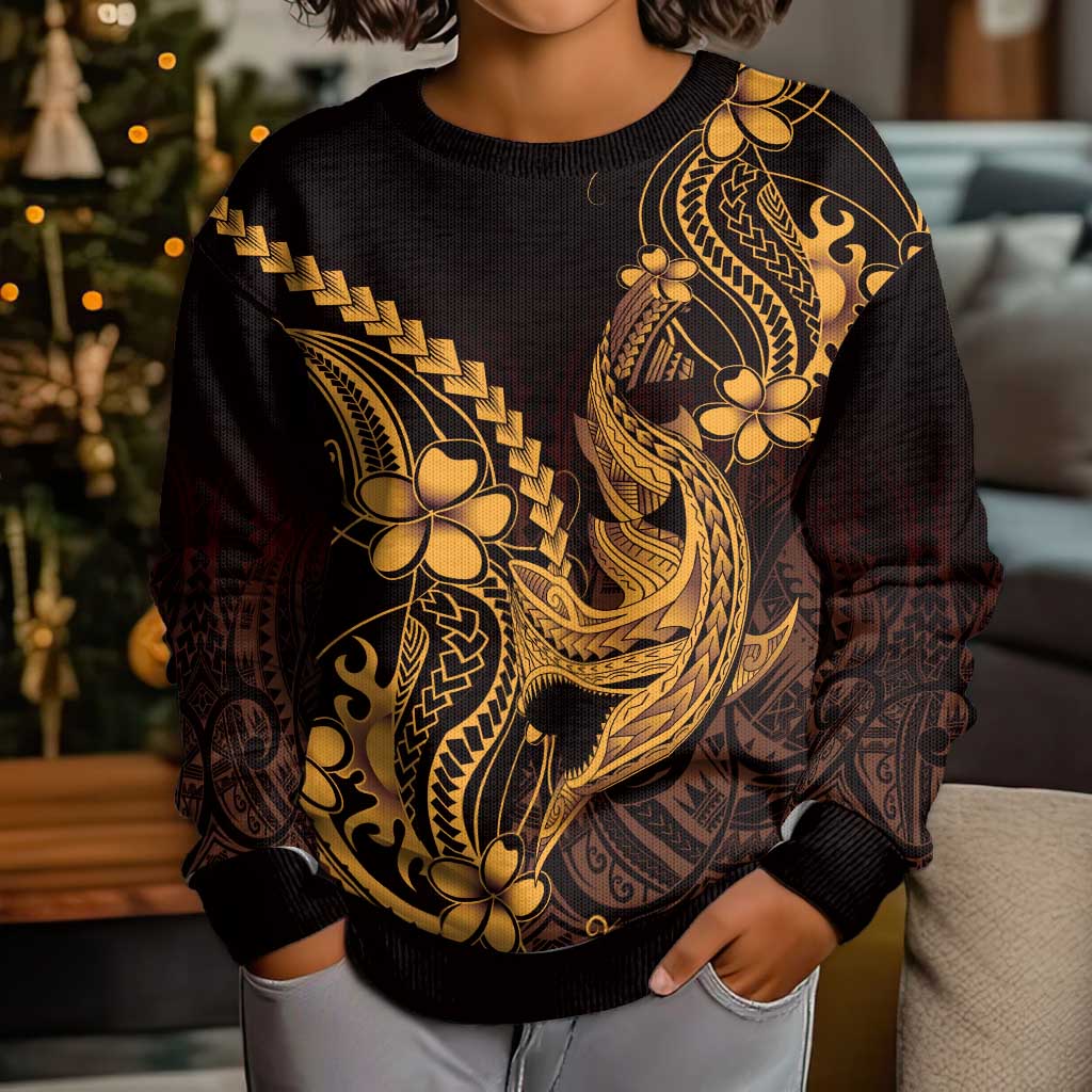 Gold Black Aloha Hawaii Kid Ugly Christmas Sweater Polynesian Shark Tattoo With Plumeria LT14 - Polynesian Pride