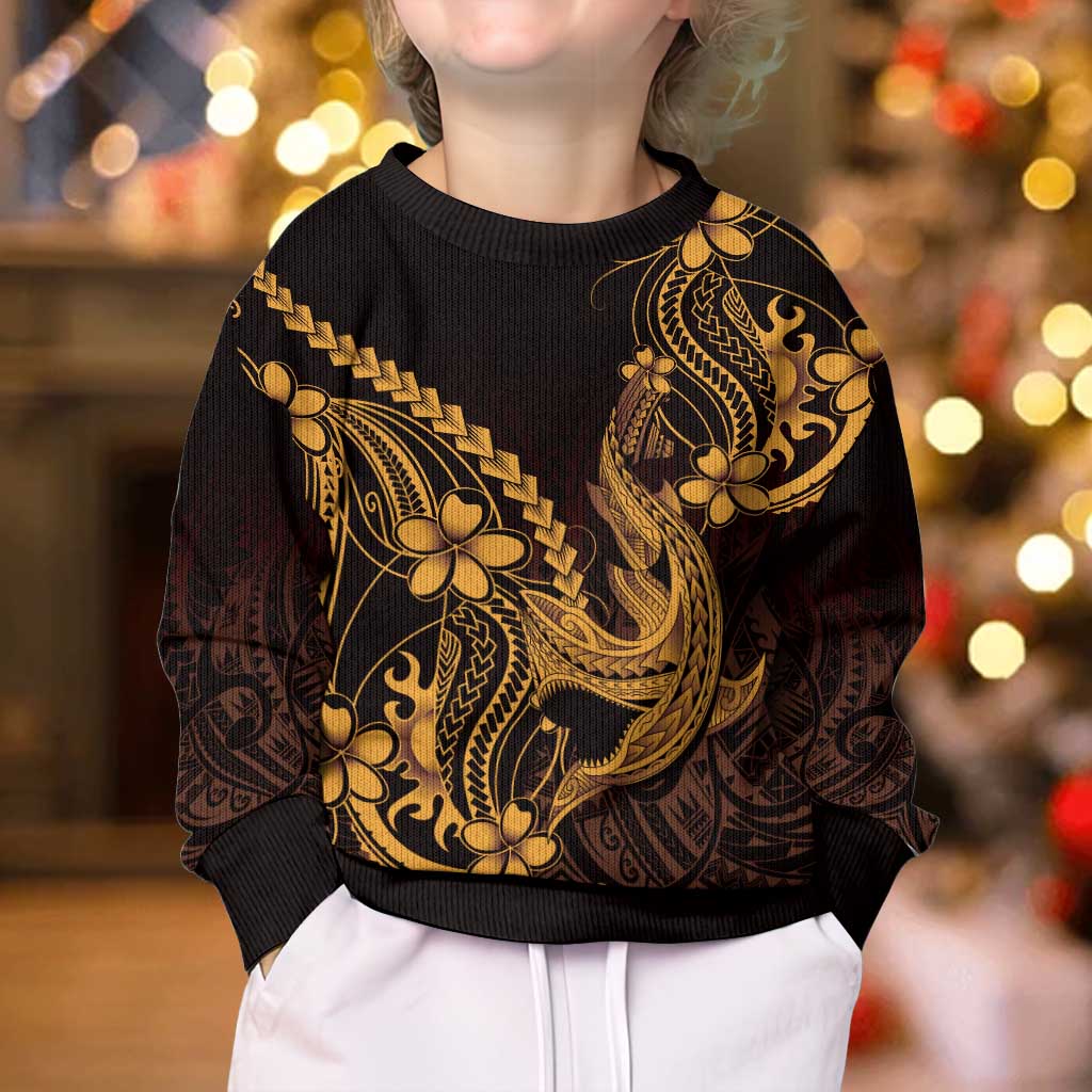 Gold Black Aloha Hawaii Kid Ugly Christmas Sweater Polynesian Shark Tattoo With Plumeria LT14 - Polynesian Pride