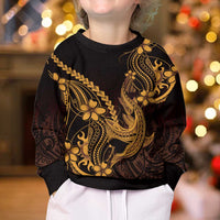 Gold Black Aloha Hawaii Kid Ugly Christmas Sweater Polynesian Shark Tattoo With Plumeria LT14 - Polynesian Pride
