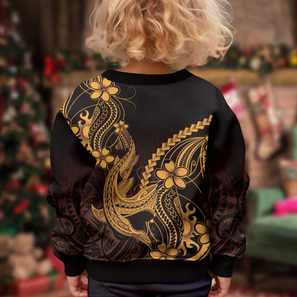 Gold Black Aloha Hawaii Kid Ugly Christmas Sweater Polynesian Shark Tattoo With Plumeria LT14 - Polynesian Pride