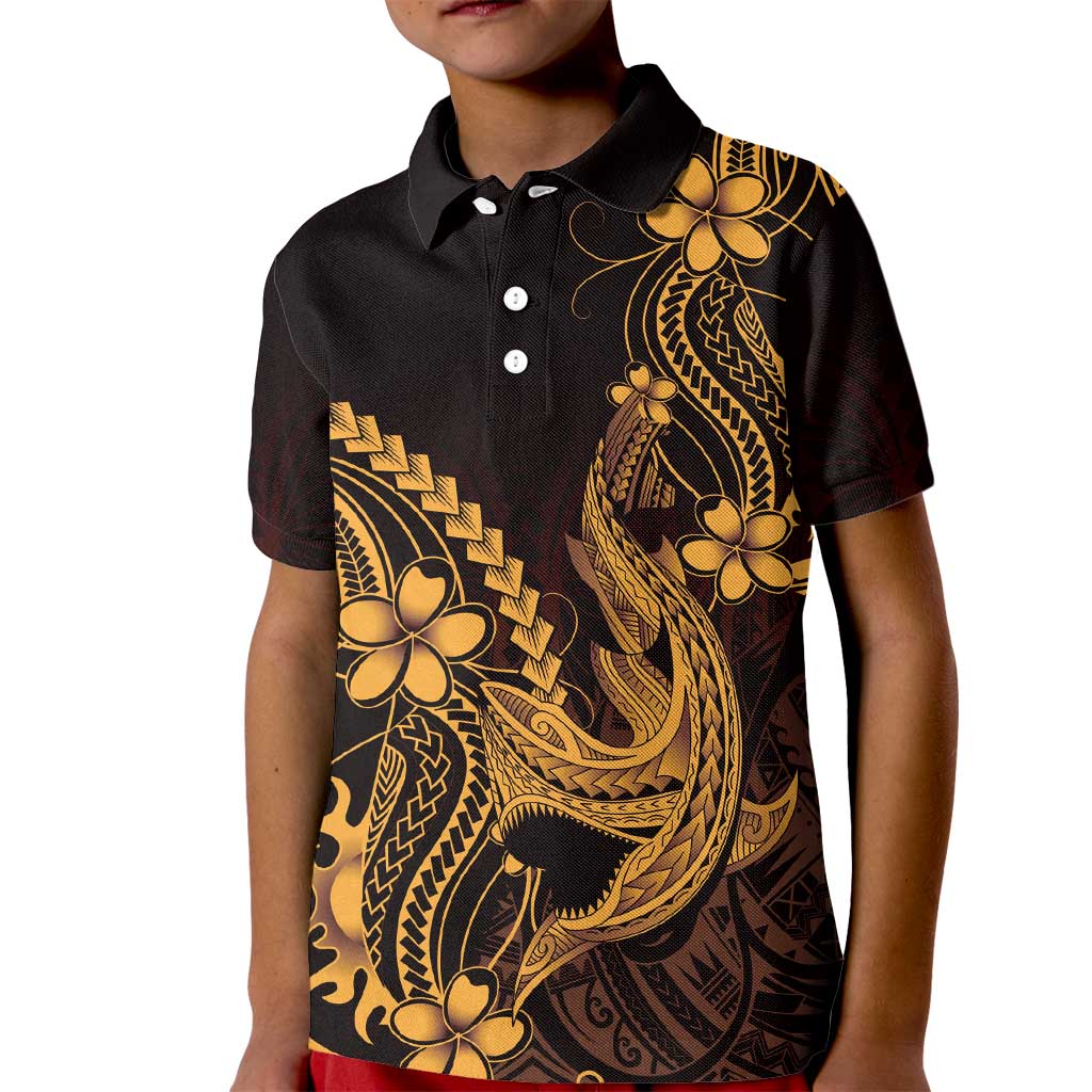 Gold Black Aloha Hawaii Kid Polo Shirt Polynesian Shark Tattoo With Plumeria LT14 Kid Gold - Polynesian Pride