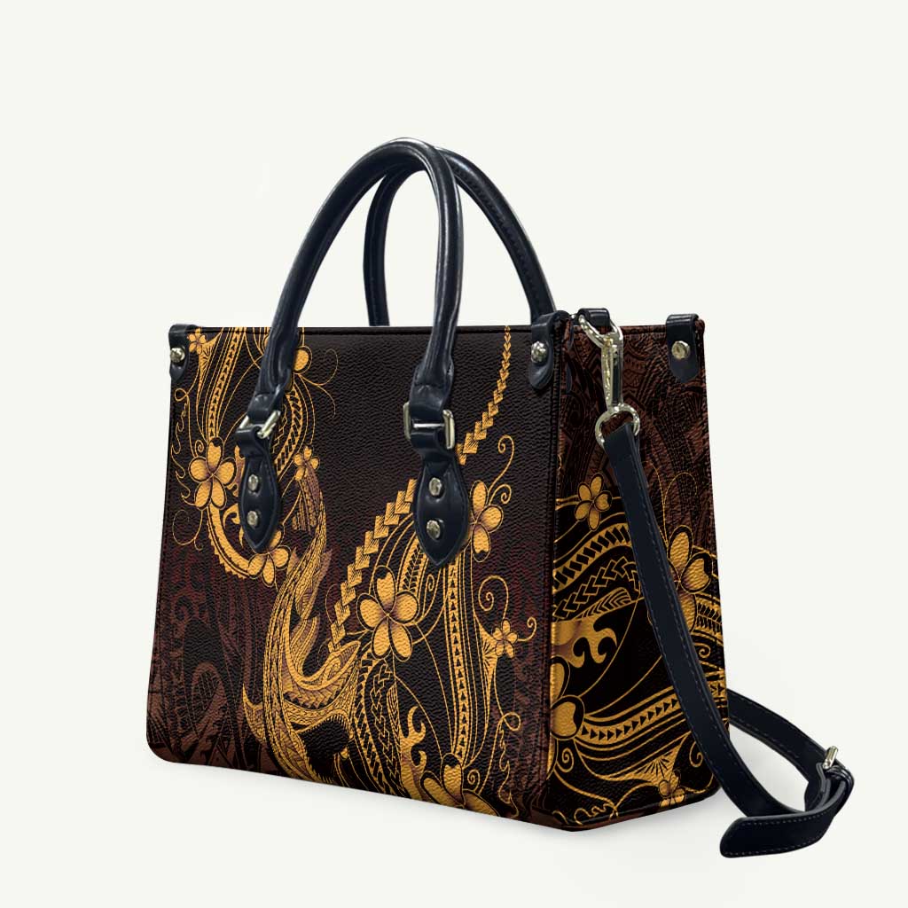 Gold Black Aloha Hawaii Leather Bag Polynesian Shark Tattoo With Plumeria LT14 Gold - Polynesian Pride