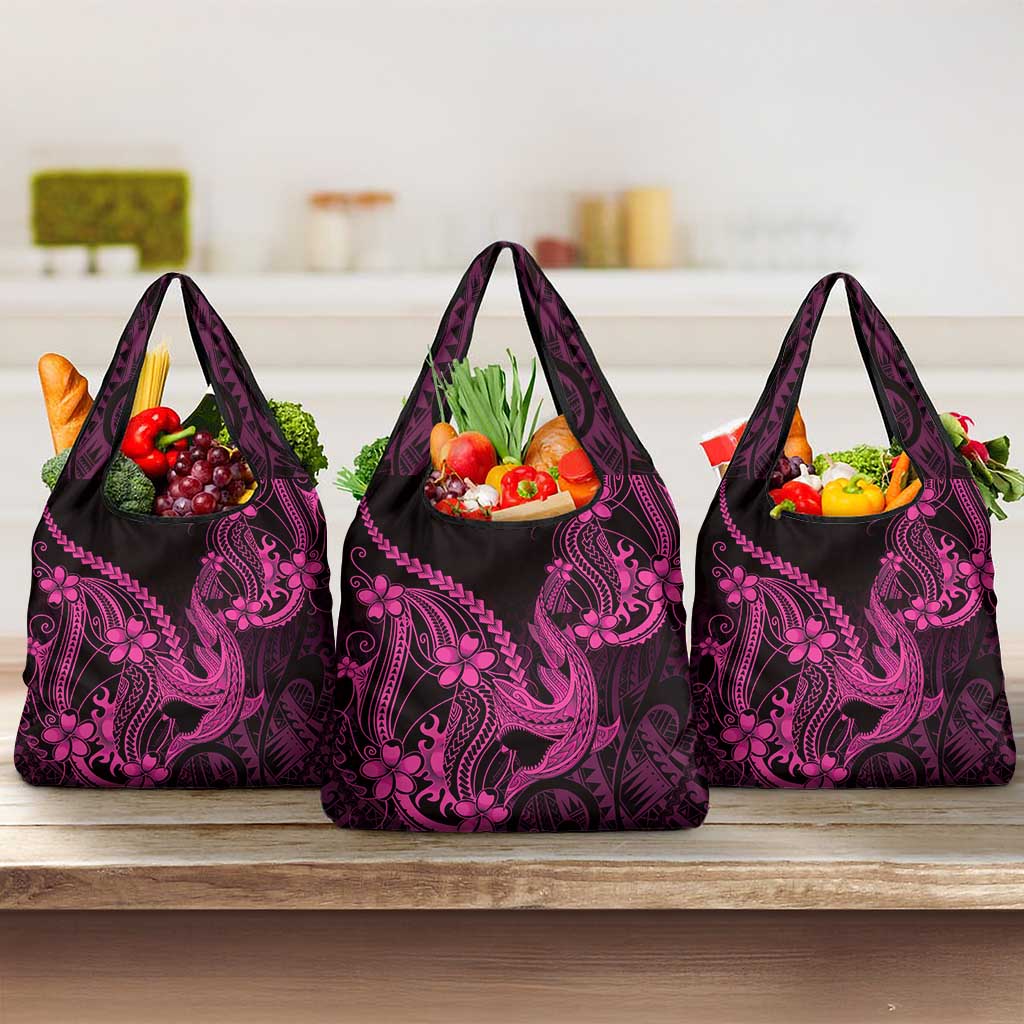 Pink Black Aloha Hawaii Grocery Bag Polynesian Shark Tattoo With Plumeria LT14 3-pack One Size Pink - Polynesian Pride