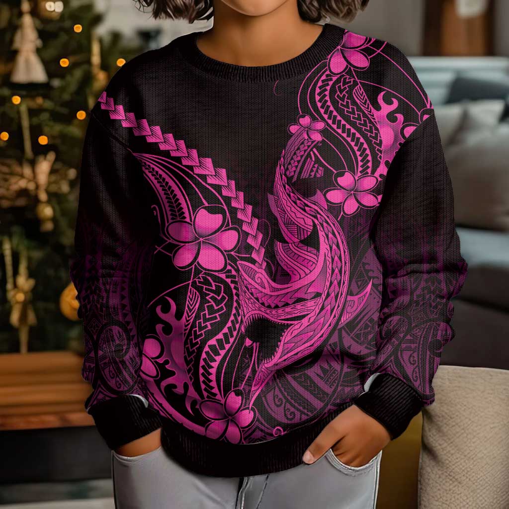 Pink Black Aloha Hawaii Kid Ugly Christmas Sweater Polynesian Shark Tattoo With Plumeria LT14 - Polynesian Pride