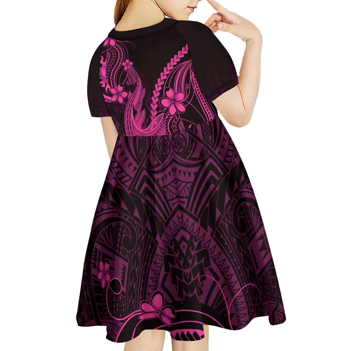 Pink Black Aloha Hawaii Kid Short Sleeve Dress Polynesian Shark Tattoo With Plumeria LT14 - Polynesian Pride