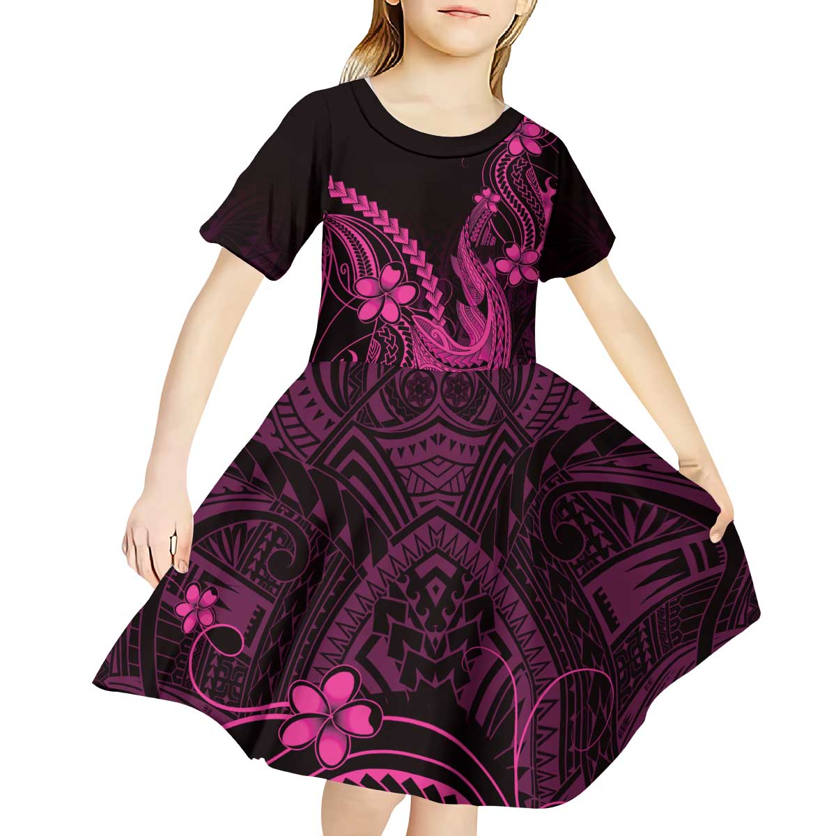 Pink Black Aloha Hawaii Kid Short Sleeve Dress Polynesian Shark Tattoo With Plumeria LT14 - Polynesian Pride