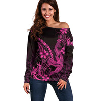 Pink Black Aloha Hawaii Off Shoulder Sweater Polynesian Shark Tattoo With Plumeria LT14 Women Pink - Polynesian Pride