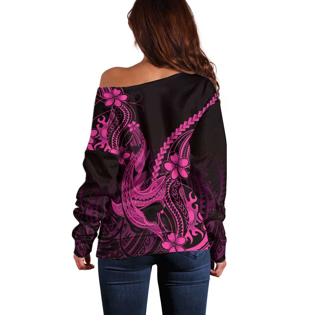 Pink Black Aloha Hawaii Off Shoulder Sweater Polynesian Shark Tattoo With Plumeria LT14 - Polynesian Pride