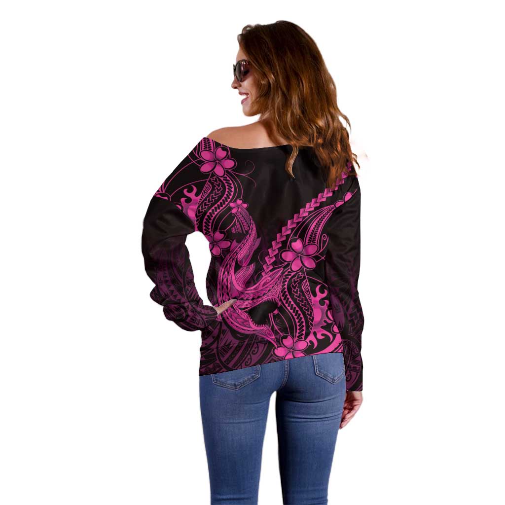 Pink Black Aloha Hawaii Off Shoulder Sweater Polynesian Shark Tattoo With Plumeria LT14 - Polynesian Pride